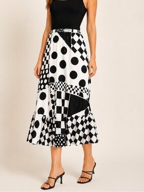 Vintage Siasia Black White Geometric Maxi Skirt M Made in USA
